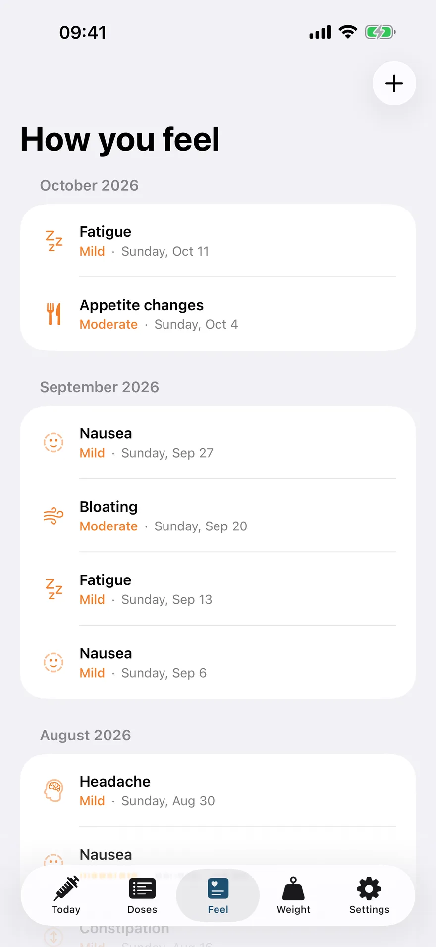 The side effect log, grouped by month