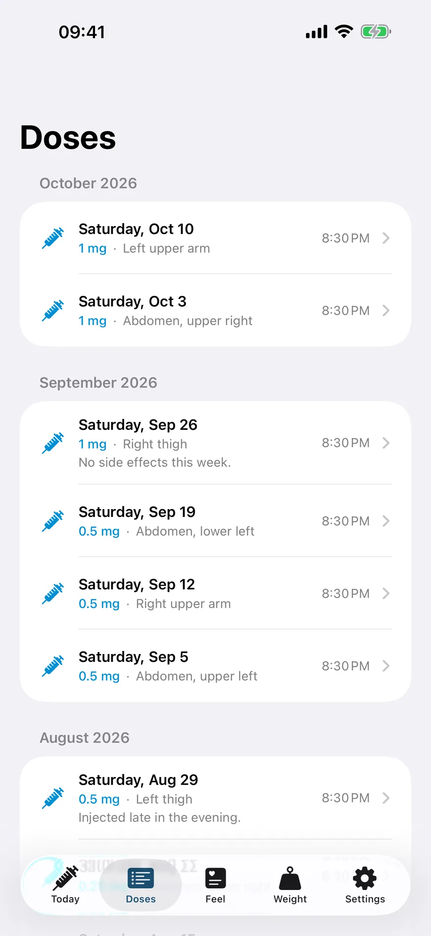 The history of every dose, grouped by month