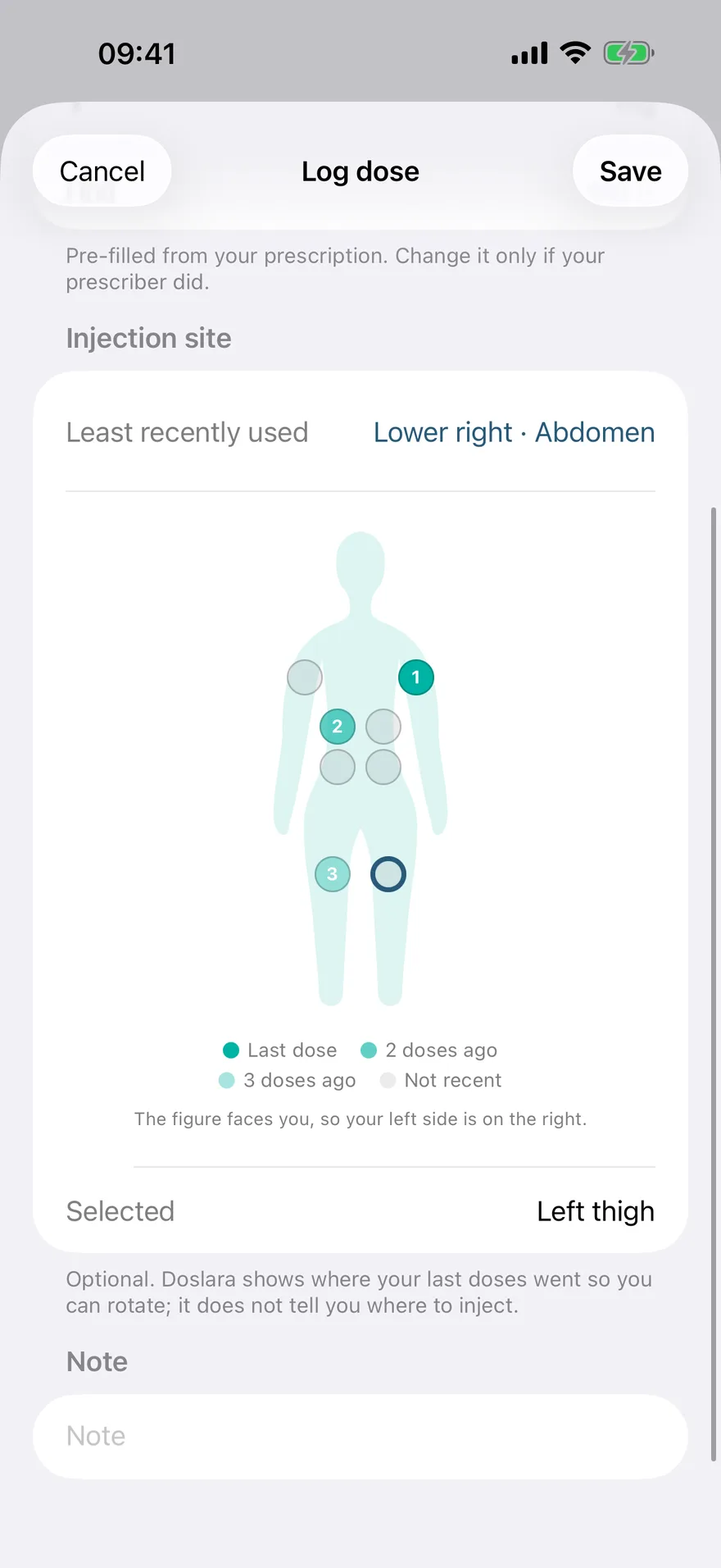 Logging a dose, with the body map open