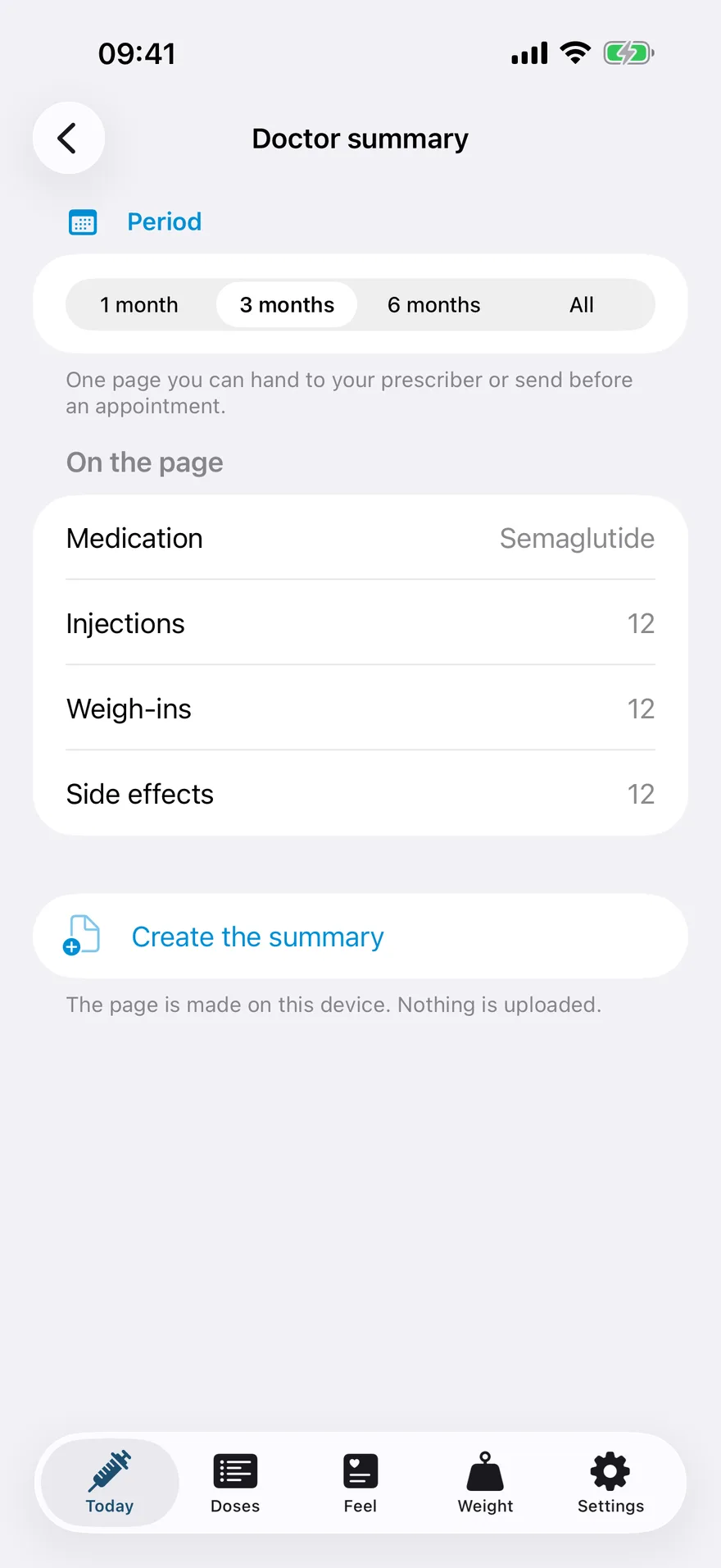 The doctor summary screen, showing what the page will contain
