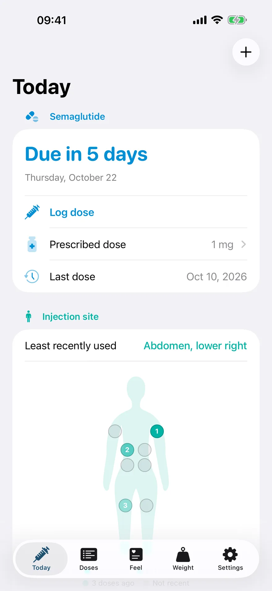 The home screen, showing the next dose due in five days